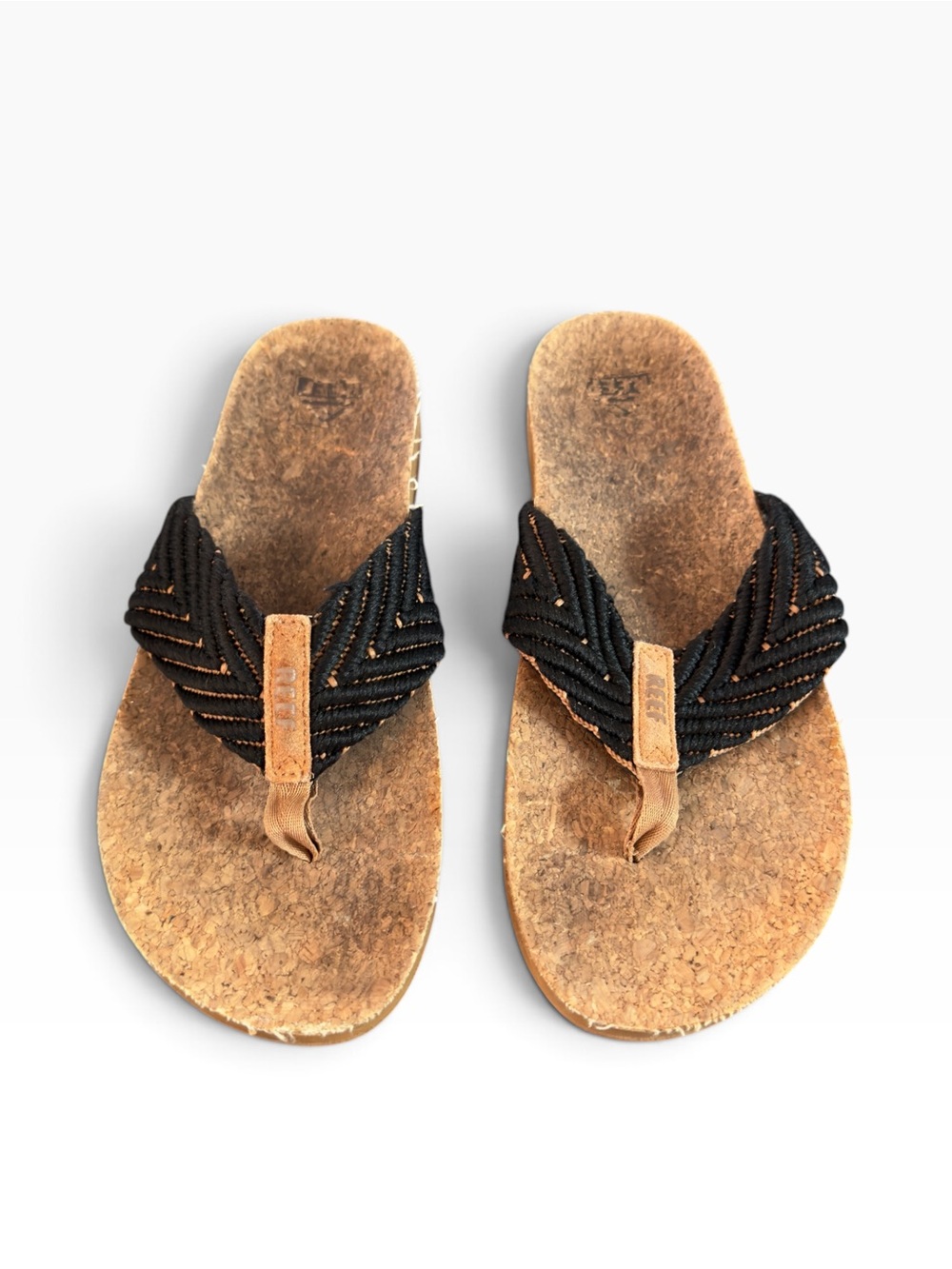 Reef Black Braided w Cork Footbed Sandals women's size 10